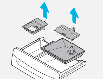 Illustration showing detergent drawer components being removed for cleaning, with arrows indicating upward movement