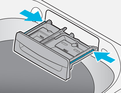 Illustration showing the removal of the detergent drawer compartments from a Samsung washing machine