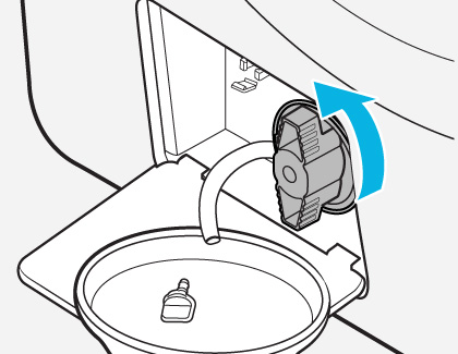 An illustration showing the washer pump filter being opened by turning it counterclockwise with an arrow indicating the direction