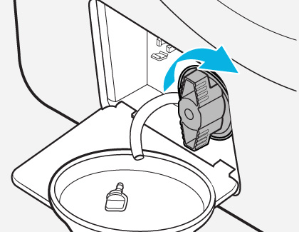 Illustration showing a washing machine pump filter being reinserted and tightened, indicated by a blue arrow pointing clockwise