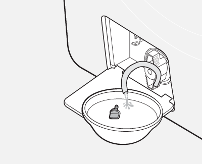 Graphical representation of water being drained from a Samsung washer, flowing into a bowl through the hose