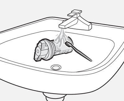 Graphical representation of a pump filter from a Samsung washer being washed over a sink with a small soft brush