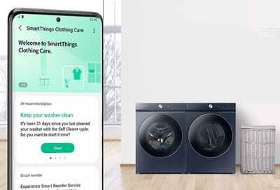 Samsung Dryer with SmartThings app open on phone
