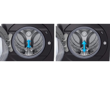 A Samsung front-load washing machine with the door open, showing the drum. Two side-by-side images display blue arrows pointing up and down to indicate checking whether the shipping bolts have been removed.