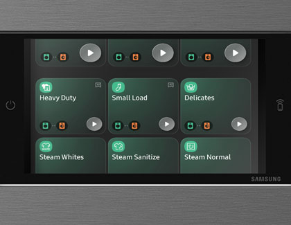 A control panel displaying washing and drying modes on a Samsung Bespoke AI Laundry Combo unit.