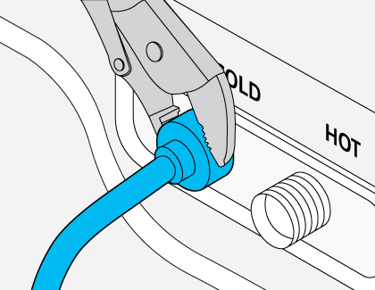 A illustration of a wrench tightening the water hose on the cold inlet.