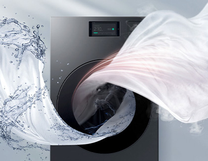 A stylistic graphic illustrating clothes and water dynamically spinning out of a Samsung Bespoke AI Laundry Combo unit, highlighting its efficiency