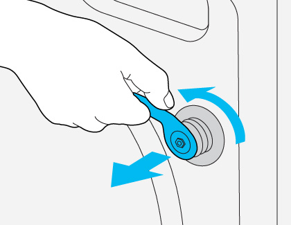 An illustration loosening the shipping bolts by turning counter clockwise and pulling outwards.