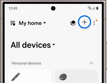 A Galaxy phone screen showing the SmartThings app, with the Add icon highlighted to illustrate the ease of connecting new devices