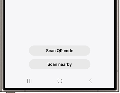 A Galaxy phone screen displaying the SmartThings app interface, featuring options to 'Scan QR code' and 'Scan nearby' for easy device pairing