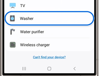 A Galaxy phone screen displaying the SmartThings app, with the 'Washer' option highlighted
