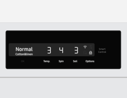 A control panel on a Samsung washing machine and dryer