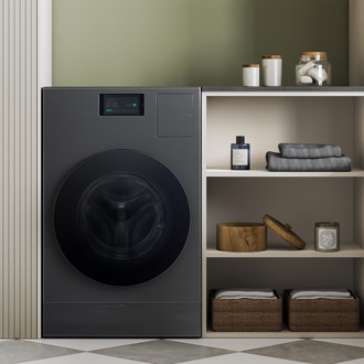 A sleek Samsung Bespoke AI Laundry Combo unit, featuring modern design, displayed in a well-organized laundry room