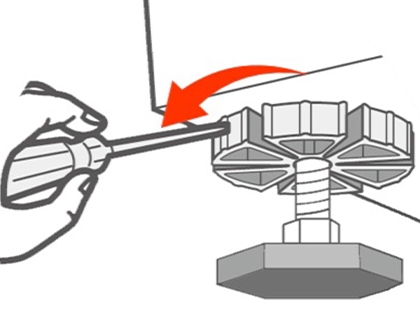 A screwdriver being used to release the locking nut at the bottom of a Samsung washing machine to adjust its leveling.