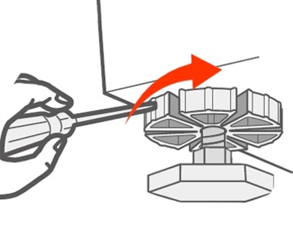 A hand tightening the locking nut on a Samsung washing machine leveling leg with a screwdriver.