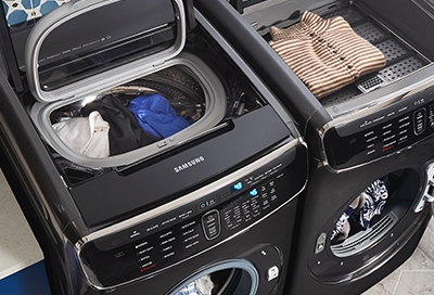 Samsung washer and dryer loaded with clothes