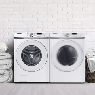 Samsung washer and dryer set in a modern laundry room