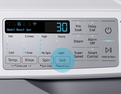 Samsung washing machine panel with Soil Level button highlighted