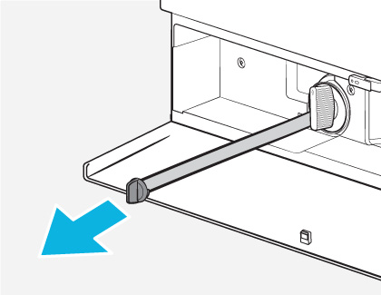 Illustration showing the emergency drain hose extended from the bottom panel of a Samsung Bespoke AI Laundry Combo, with a blue arrow pointing to the hose