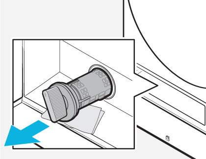 Diagram showing a removed filter from the Samsung Bespoke AI Laundry Combo, indicated by a blue arrow pointing to its position just outside the washer