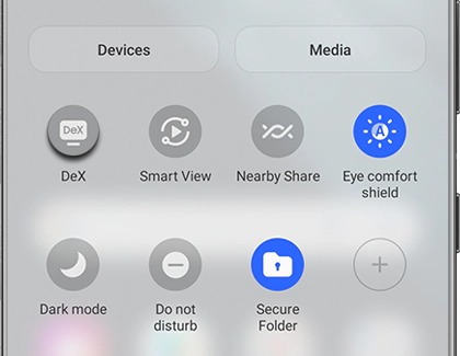 Dex icon highlighted on the Quick settings panel