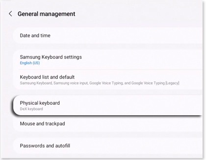 Physical keyboard highlighted in the Samsung DeX app