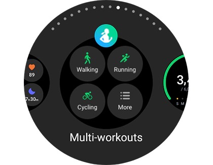 Multi-workouts widget displayed on a Galaxy watch