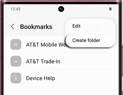 A Samsung device displaying the Bookmarks menu with options to edit or create a new folder.