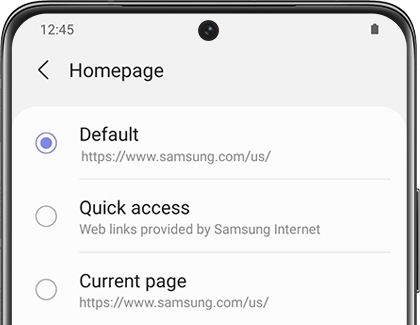 Homepage settings menu on a Samsung device with options for Default, Quick access, and Current page.