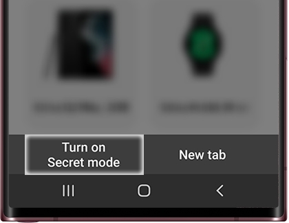 Samsung Internet browser tab options, highlighting the 'Turn on Secret mode' feature.