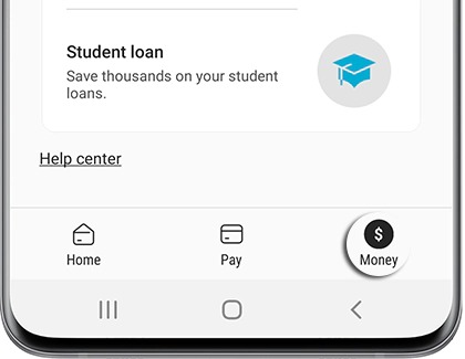 Money tab highlighted in the Samsung Pay app