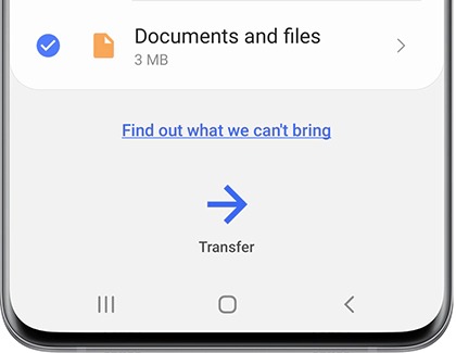Smart Switch app on a Galaxy phone showing a list of files with the Transfer option available