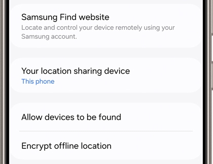 A list of settings from the Samsung Find app