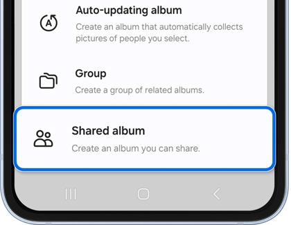 Shared album option highlighted in the Gallery app