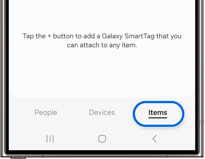 Items tab highlighted in the Samsung Find app