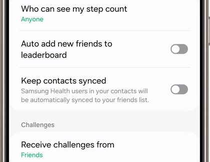 Privacy settings screen in Samsung Health