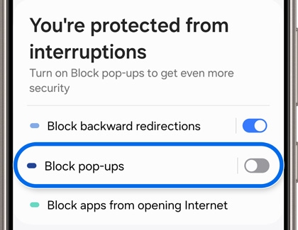 Block pop-ups highlighted and the switch disabled