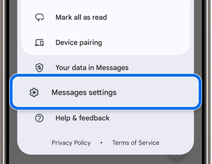 Messages settings highlighted