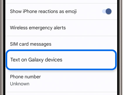 Text on Galaxy devices selected in the Google Messages app's settings on a Galaxy A16.