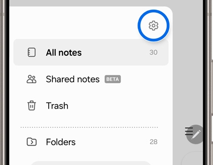 Settings icon highlighted in the Samsung Notes app