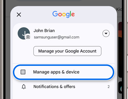 Manage apps and device highlighted