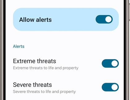 Wireless emergency alerts screen displaying various alerts with switches next to them