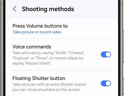 Shooting methods settings screen on a Galaxy device, showing options to use volume buttons, voice commands, and a floating shutter button for capturing photos and videos