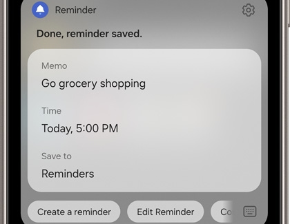 A Grocery shopping Reminder saved using Bixby Reminder