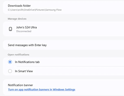 List of Samsung Flow settings on a PC