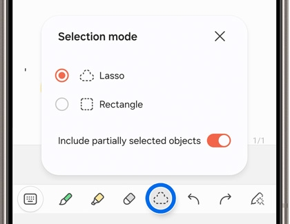 Lasso icon highlighted in the toolbar of the Samsung Notes app