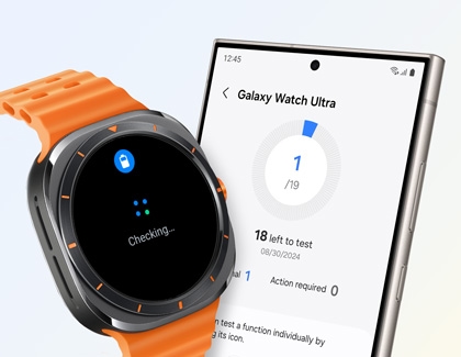 Galaxy Watch Ultra performing a diagnostic check, with the corresponding screen shown on a Galaxy phone.