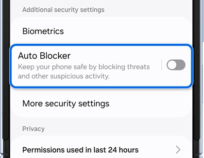 Auto Blocker highlighted and the switch disabled in Additional security settings