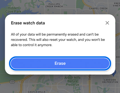 Erase button highlighted in Erase watch data prompt