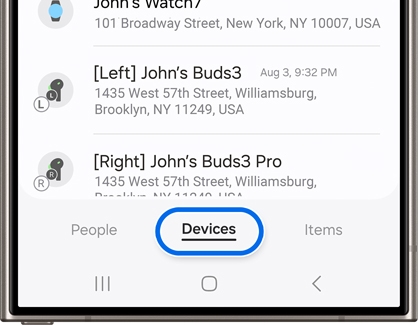 Devices tab highlighted in the Samsung Find app